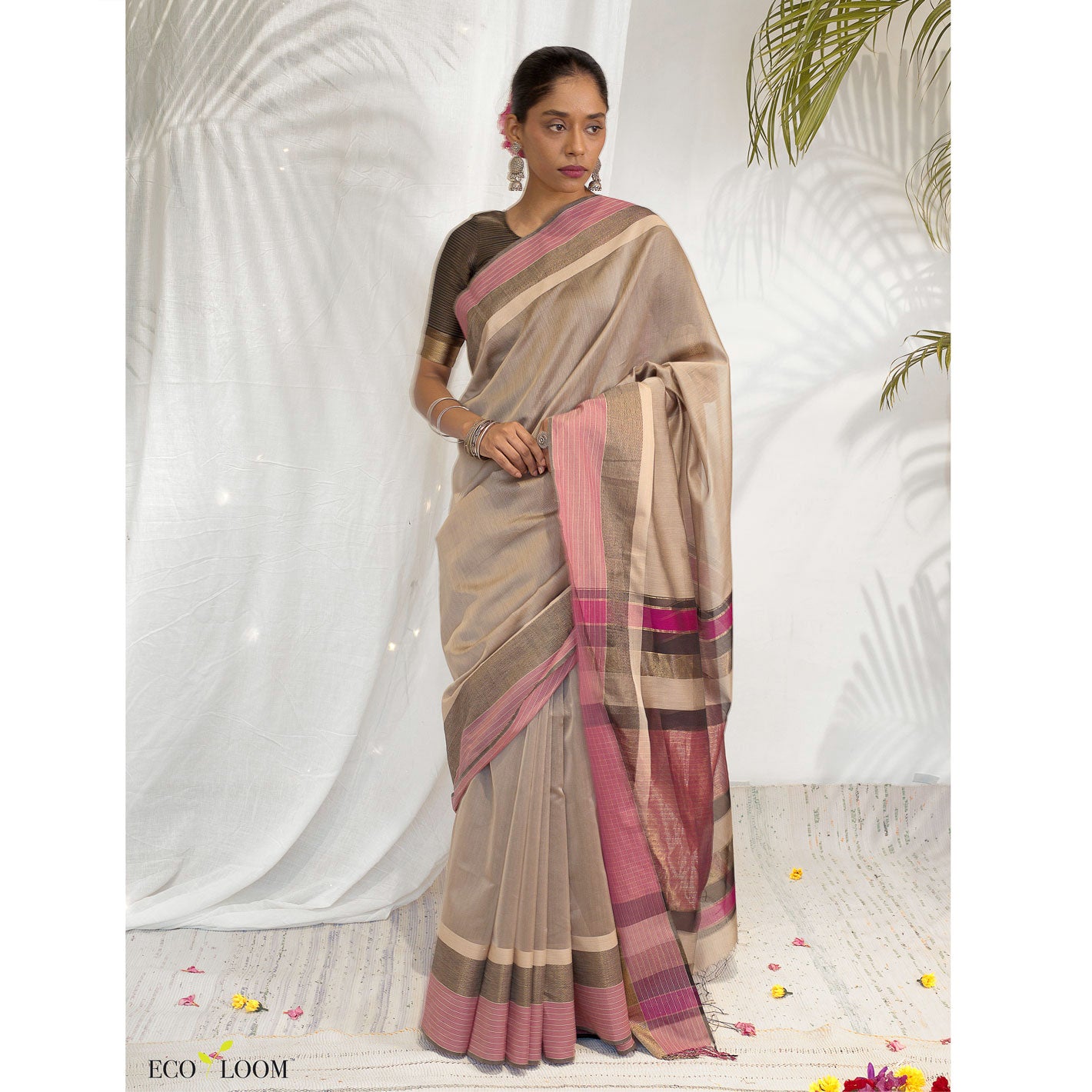 Raavi Cotton Silk Handloom Saree in Beige