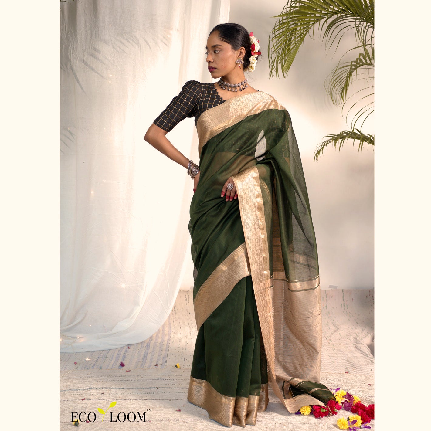 Verde Ecoloom Cotton Green Silk Saree