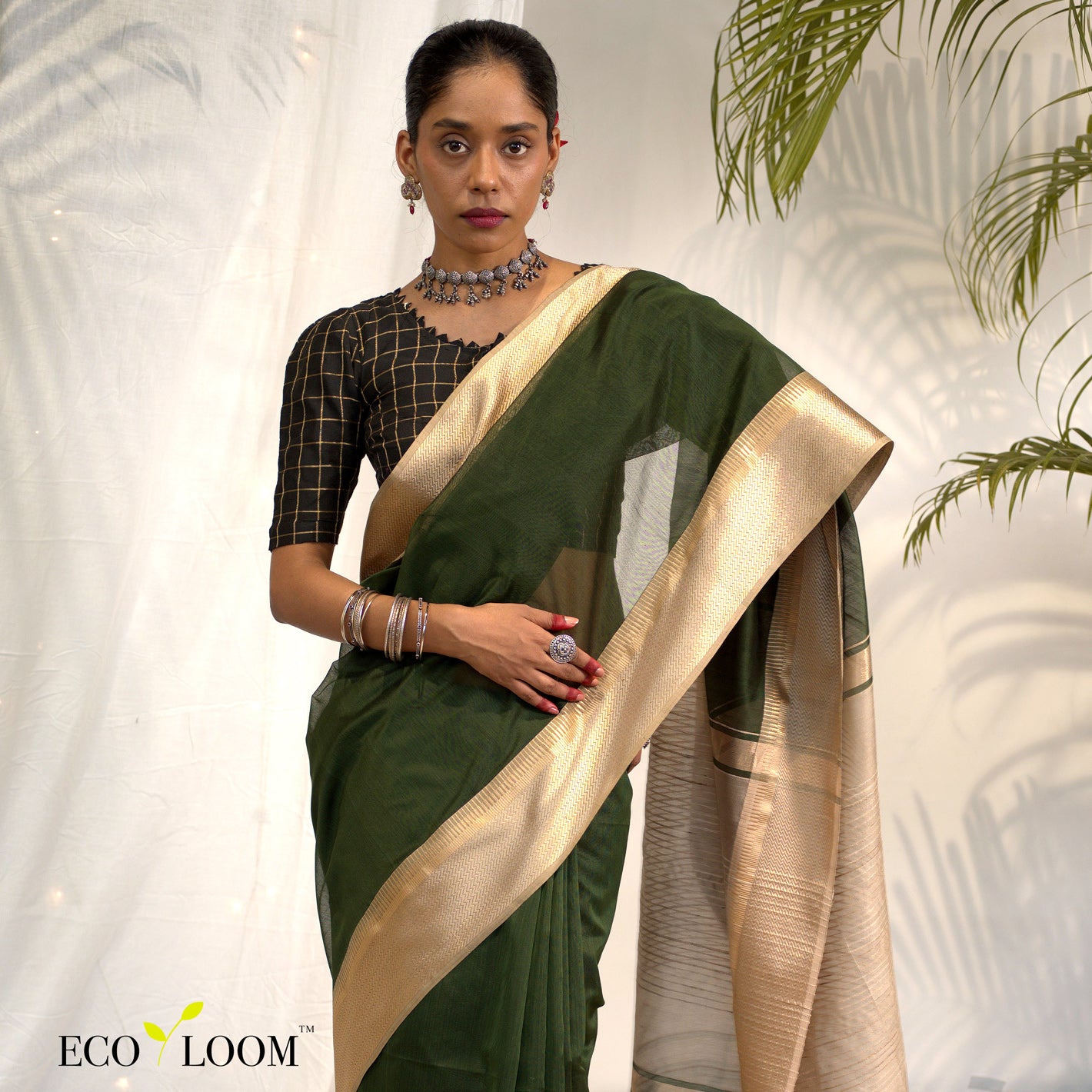 Verde Ecoloom Cotton Green Silk Saree