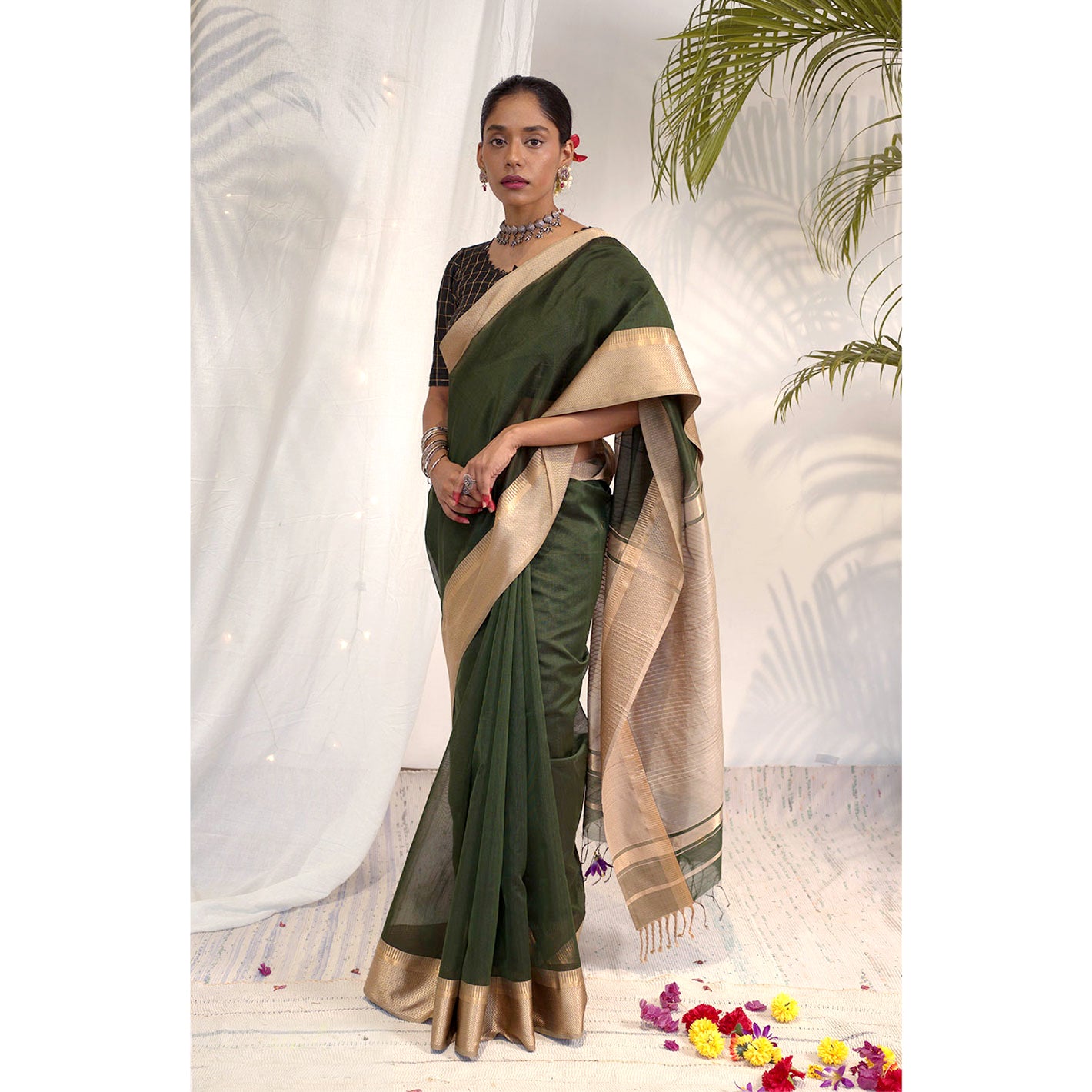 Verde Ecoloom Cotton Green Silk Saree
