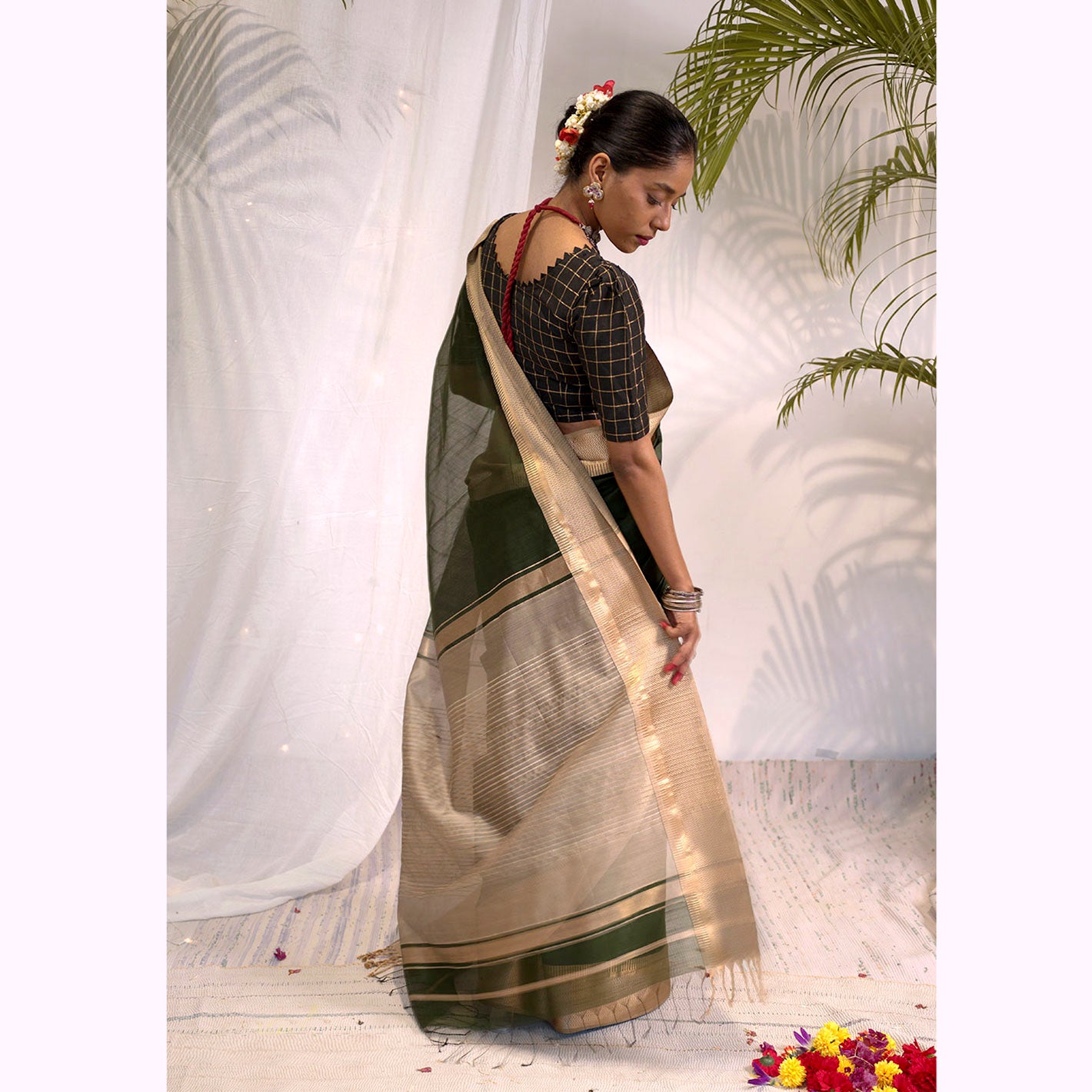 Verde Ecoloom Cotton Green Silk Saree