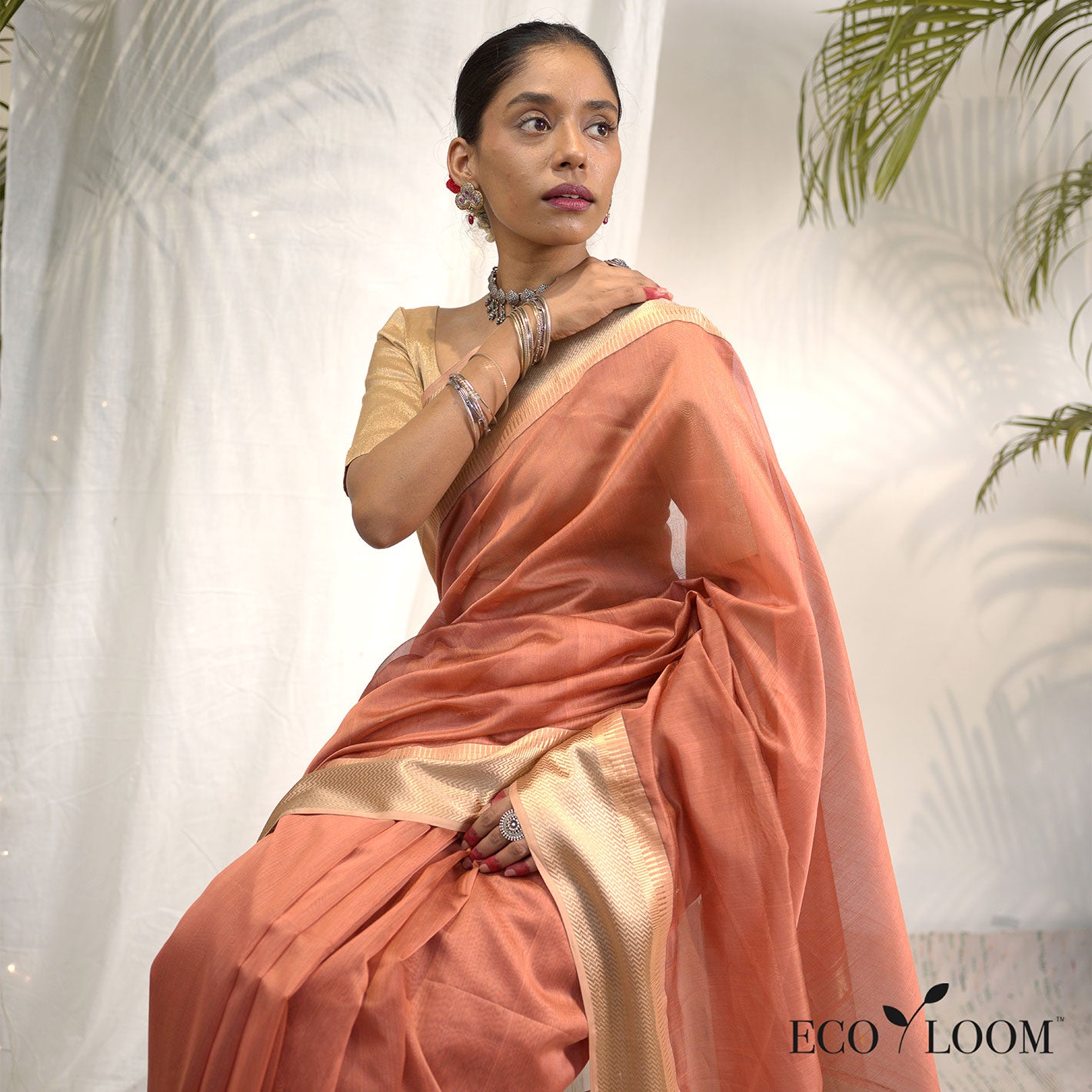 Nutmeg Ecoloom Maheshwari Silk Handloom Saree