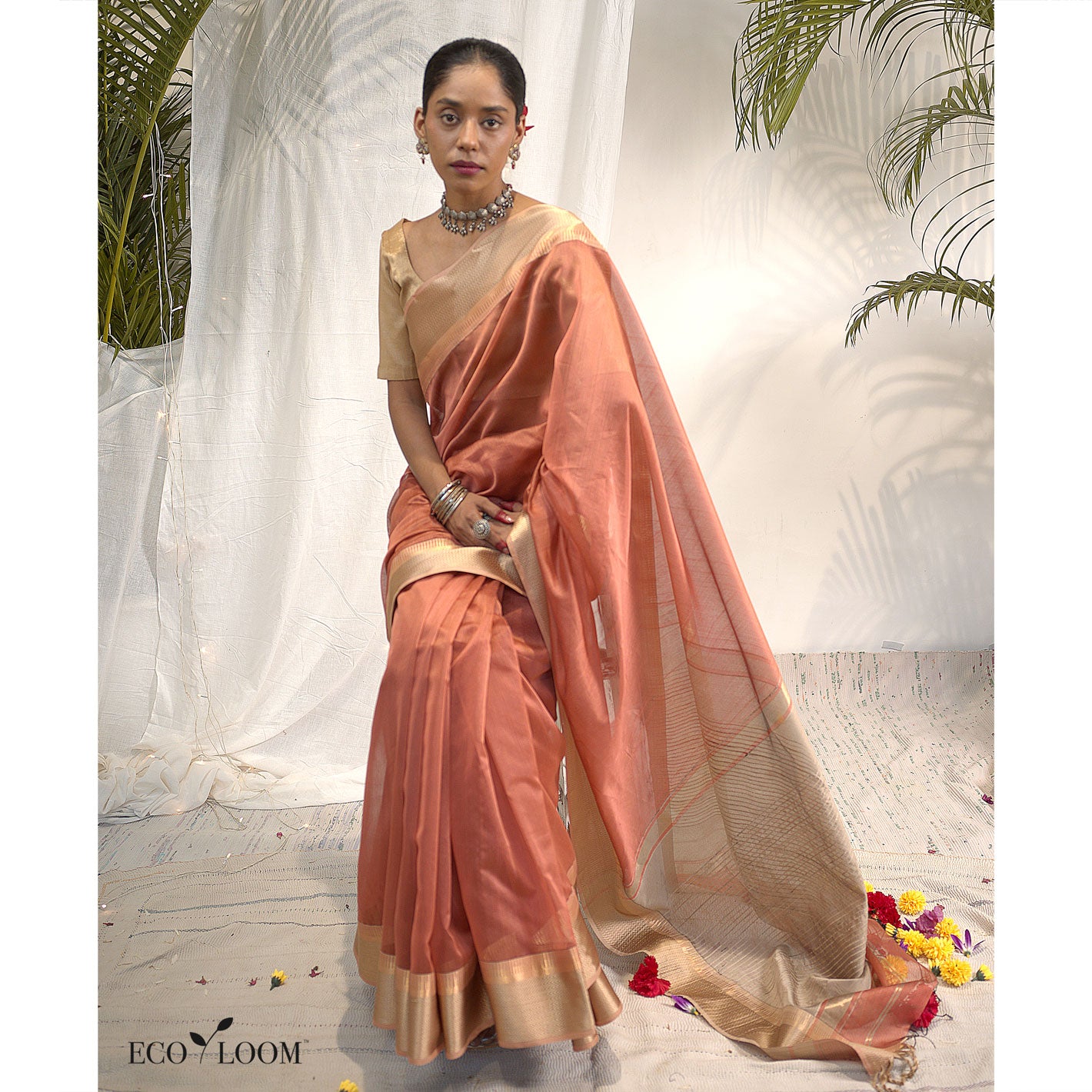 Nutmeg Ecoloom Maheshwari Silk Handloom Saree