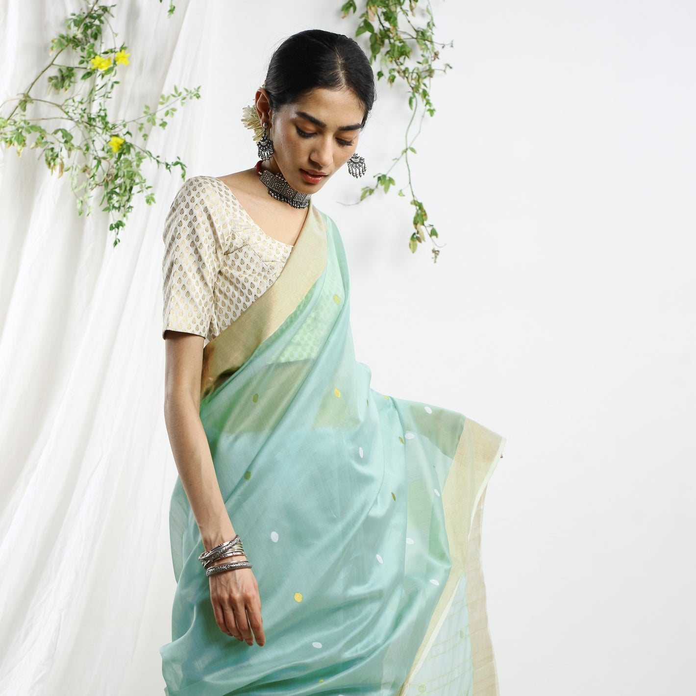 Ecoloom Trishna Silk Cotton Handloom Saree In Sea Green