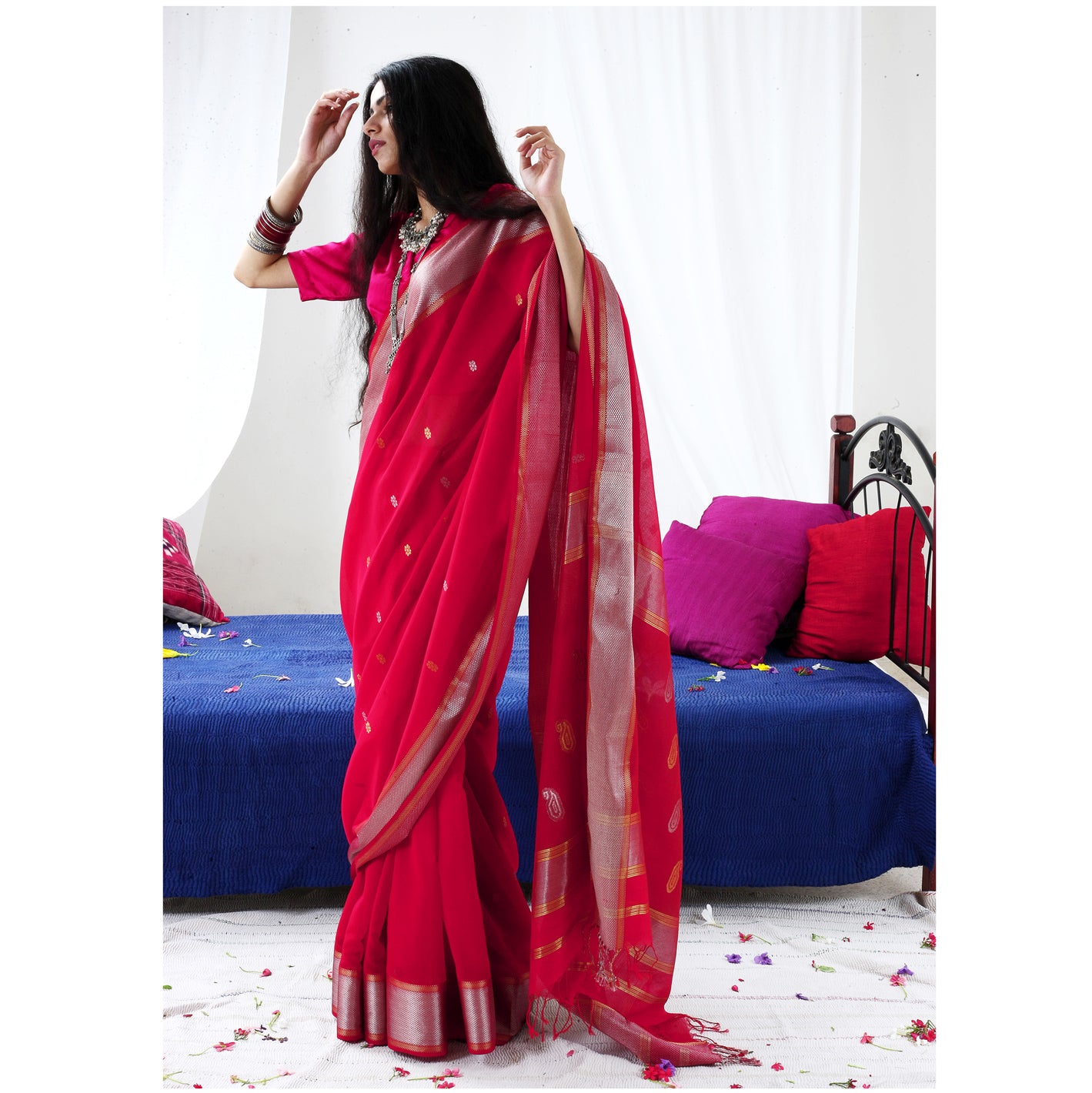 Rose Ecoloom Maheshwari Saree