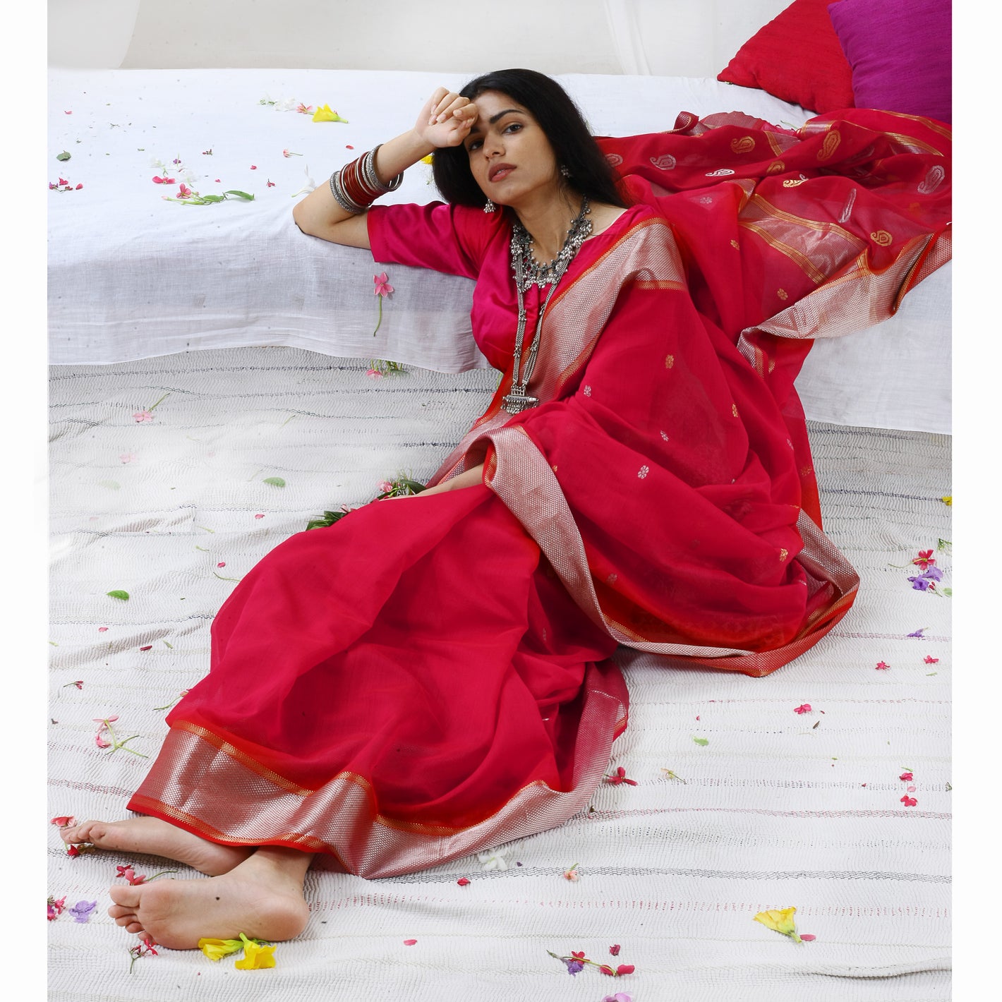 Rose Ecoloom Maheshwari Saree
