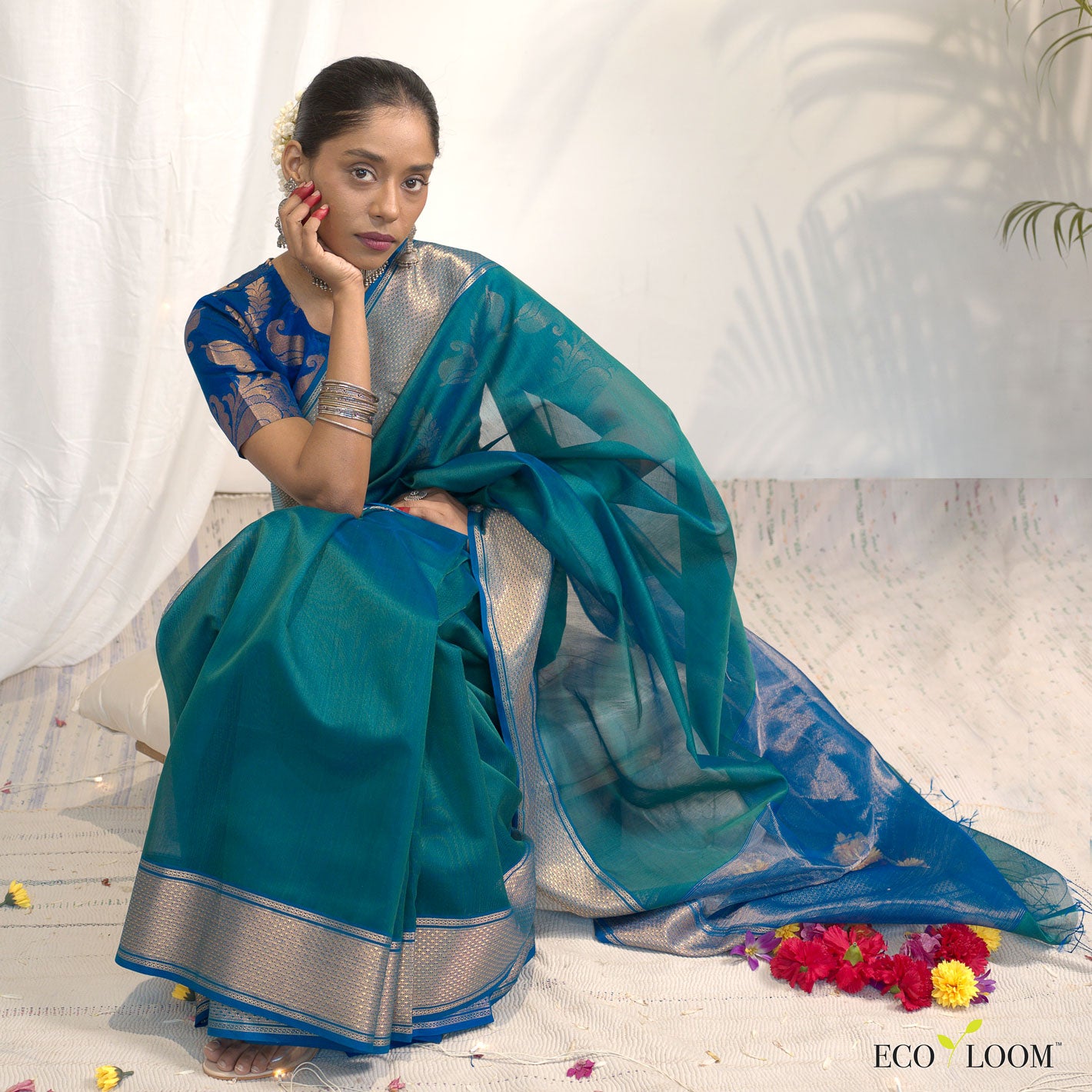 Shop Elegant Blue Maheshwari Silk Cotton Handloom Saree Online