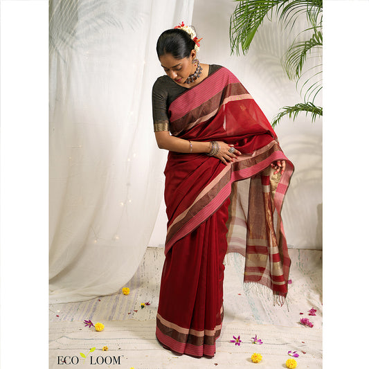 Raavi Cotton Silk  Handloom Saree in Maroon