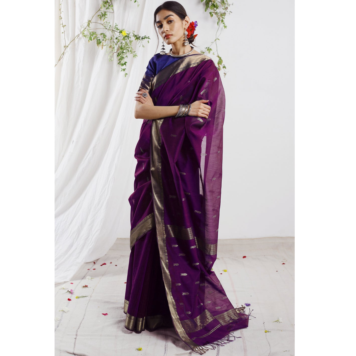 Amira Purple Silk Cotton Buti Ecoloom Saree