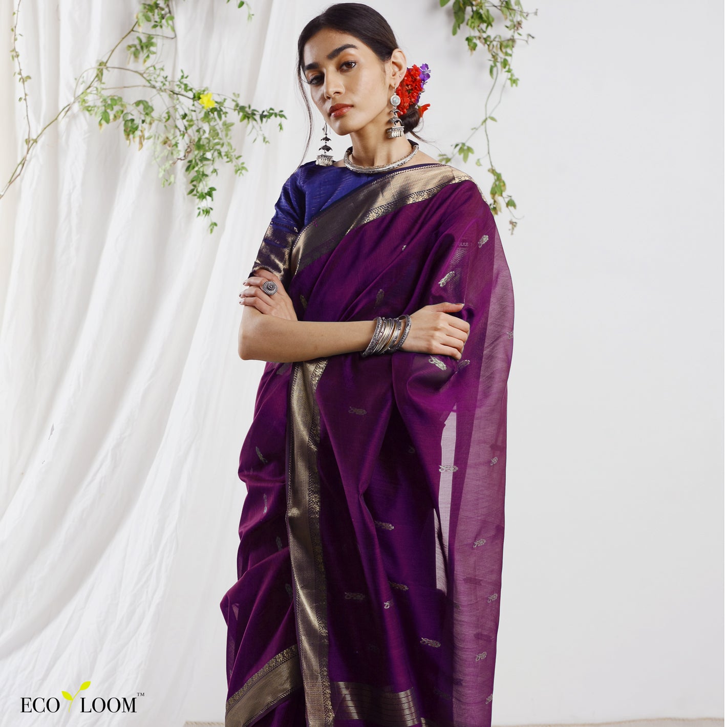 Amira Purple Silk Cotton Buti Ecoloom Saree