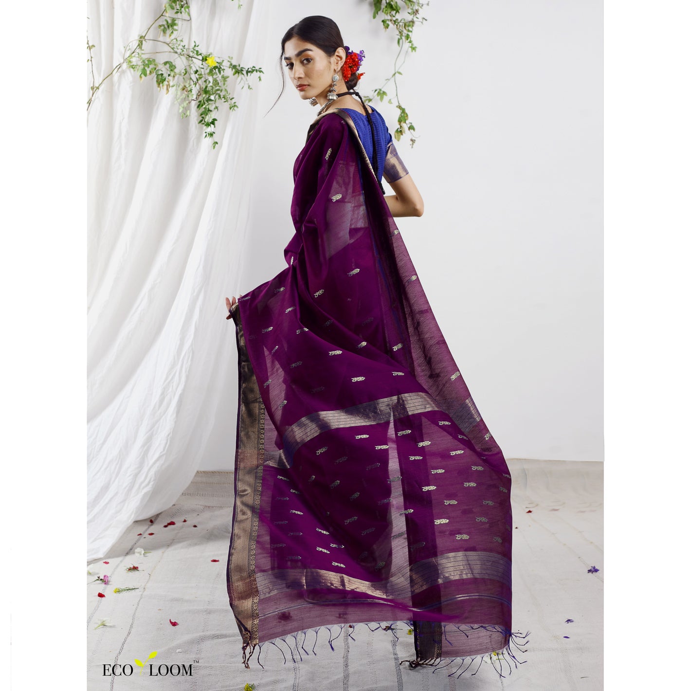 Amira Purple Silk Cotton Buti Ecoloom Saree